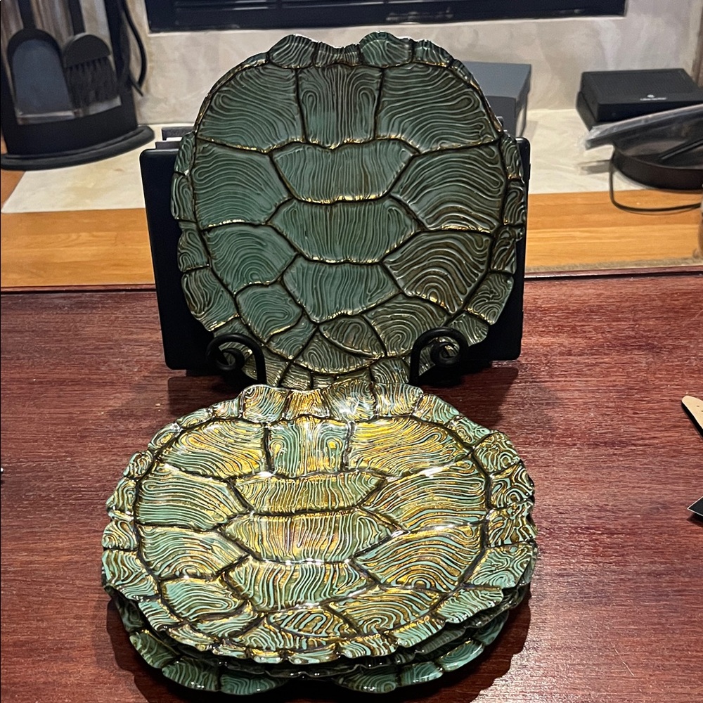 Vietri 4pc Turtle Tortoise Glass Shell Plate Dish Green & Gold SIGNED